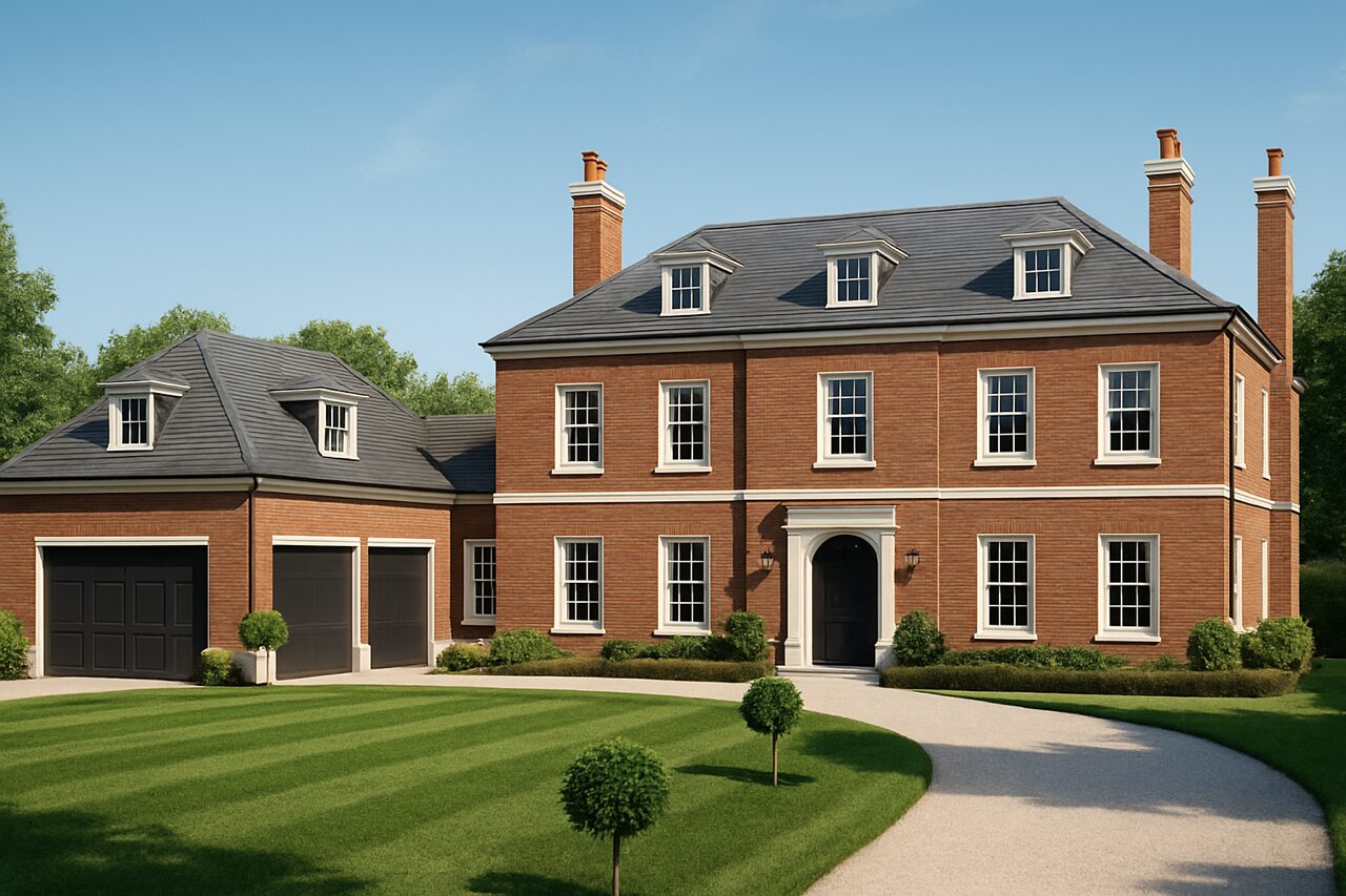 A newly completed Herts Premier Builders residence: a red-brick Georgian-style house with slate dormer roof, brick chimneys and an attached double garage, set behind a striped lawn and gravel driveway